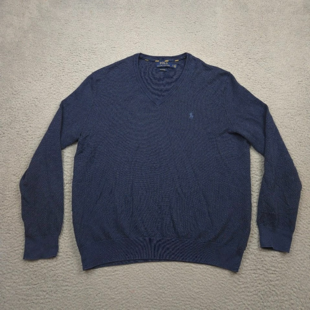Polo Ralph Lauren Sweater Mens XL Blue Pima Cotton V Neck Birdseye Knit‎